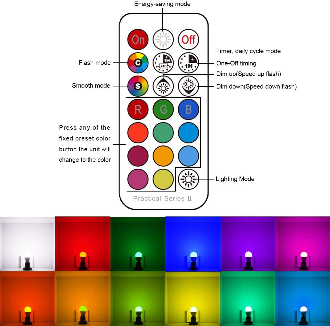 Color Changing RGB 5700K White 12 Colors 2 Modes Timing with Remote Control A15 Candle Base 40w Equivalent E12 LED Light Bulbs 5W 4 Pack Small Base Candelabra Round Light Bulb