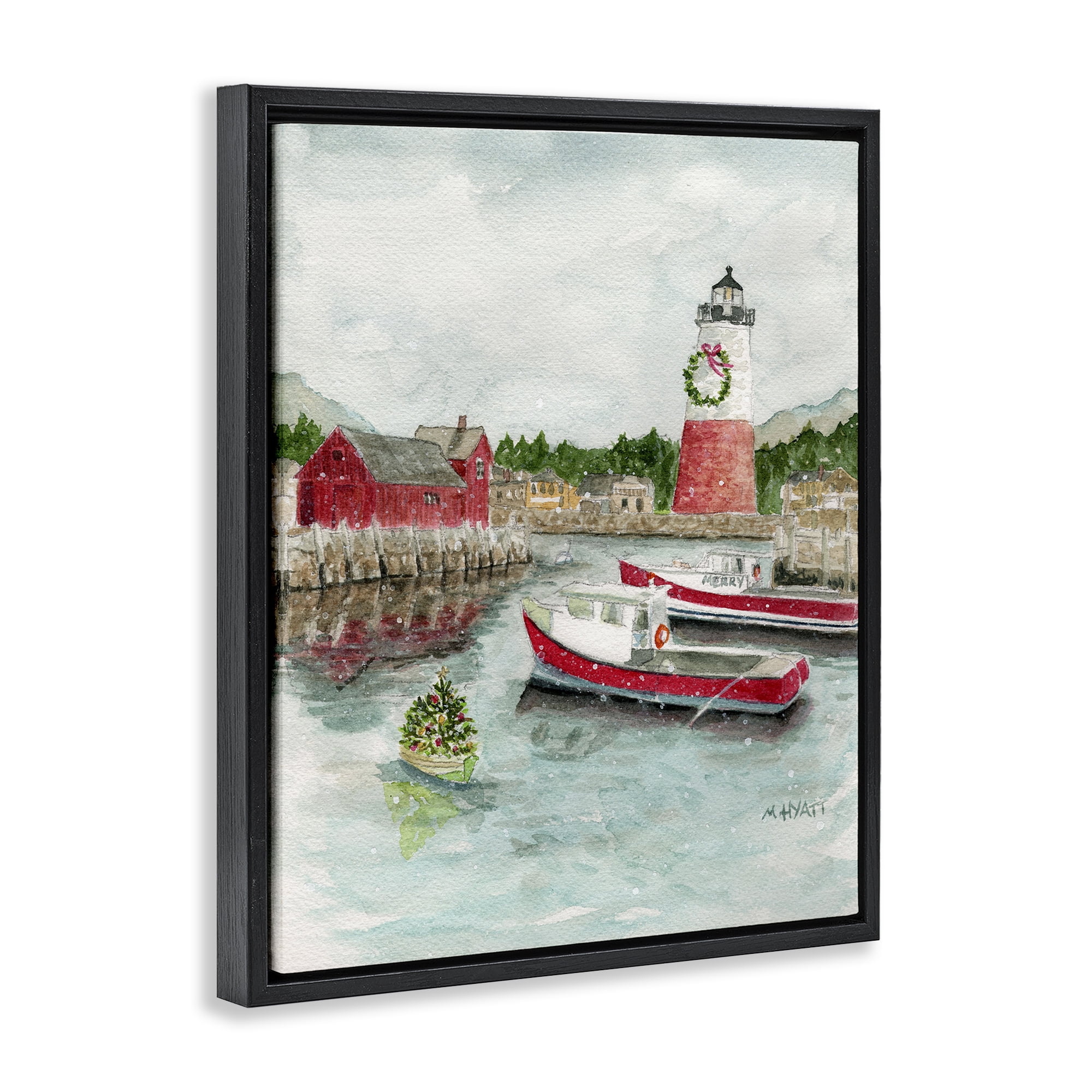 Stupell Industries Coastal Christmas Harbour Holiday Painting Black Floater Framed Art Print Wall Art, 25 x 31