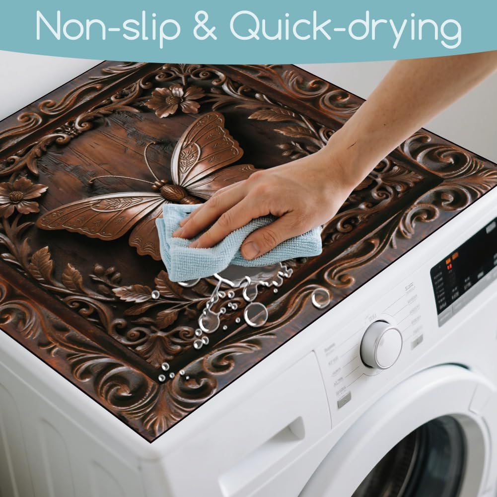 3D Wooden Butterfly Laundry Washer Dryer Dust Cover Mat 23.6x23.6inch Retro Wood Carving Effect Washing Machine Top Protector Pads