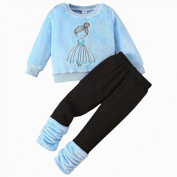 Ccpelsie Kids Toddler Girls Clothes Graphic Drop Shoulder Top Pullover Print Pants Fall Winter Outfit Set(Light Blue,18-24 Months)