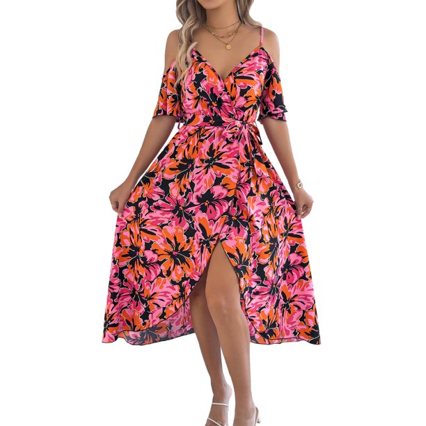 Vestido Bohemio de Verano 2025 para Mujer, con Hombros Descubiertos, Tirantes y Escote en V, Informal, y Fluido, con Abertura en el Muslo. Negro y Rojo S