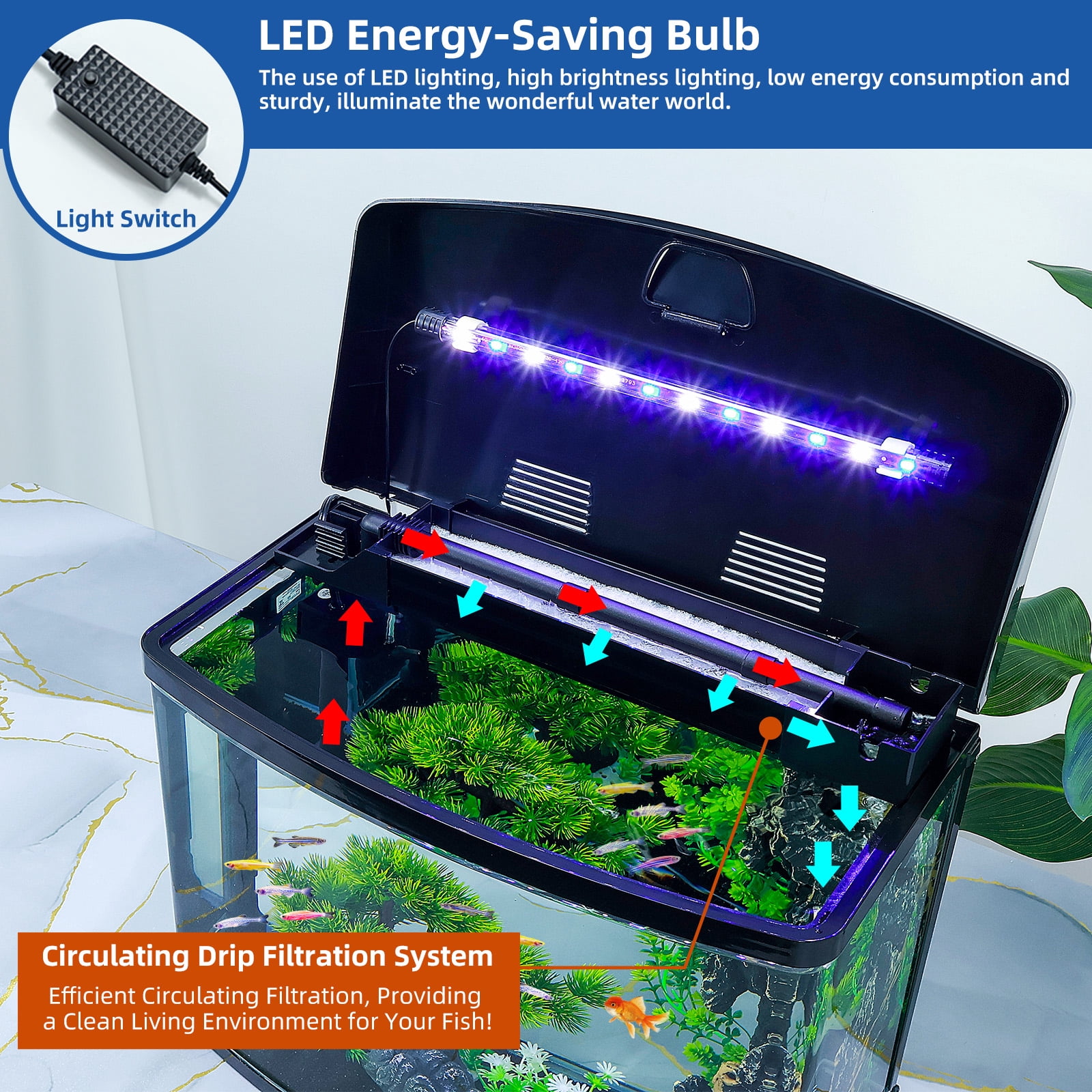 3 Gallon Betta Fish Tank Kit with Eco-Cycle Filtration & LED Lighting – Glass Aquarium Featuring Flip-Top Feeding Port, 360° Clear View, Air Pump, and Integrated Filter