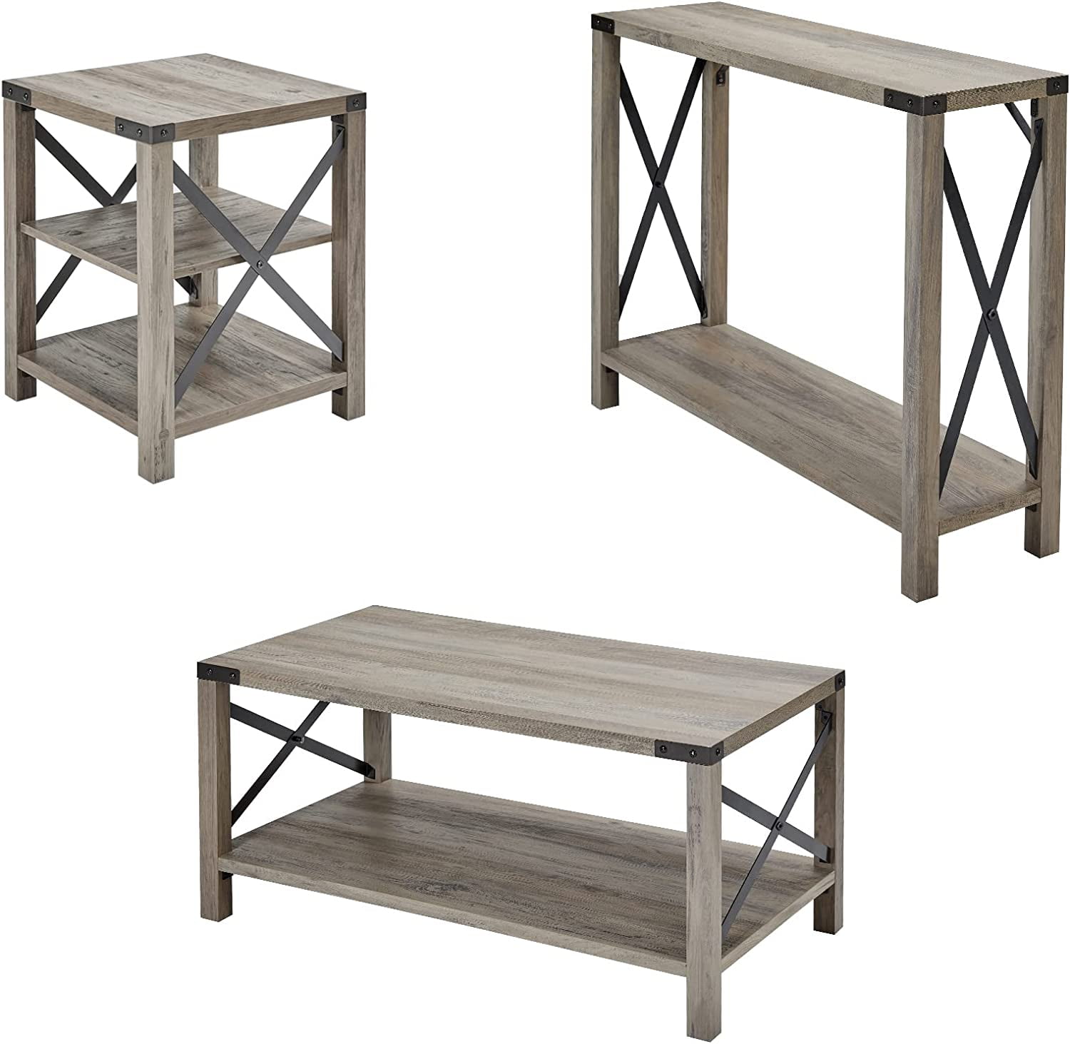 Amerlife 3-Piece Industrial Farmhouse Table Set - Includes Coffee Table ...