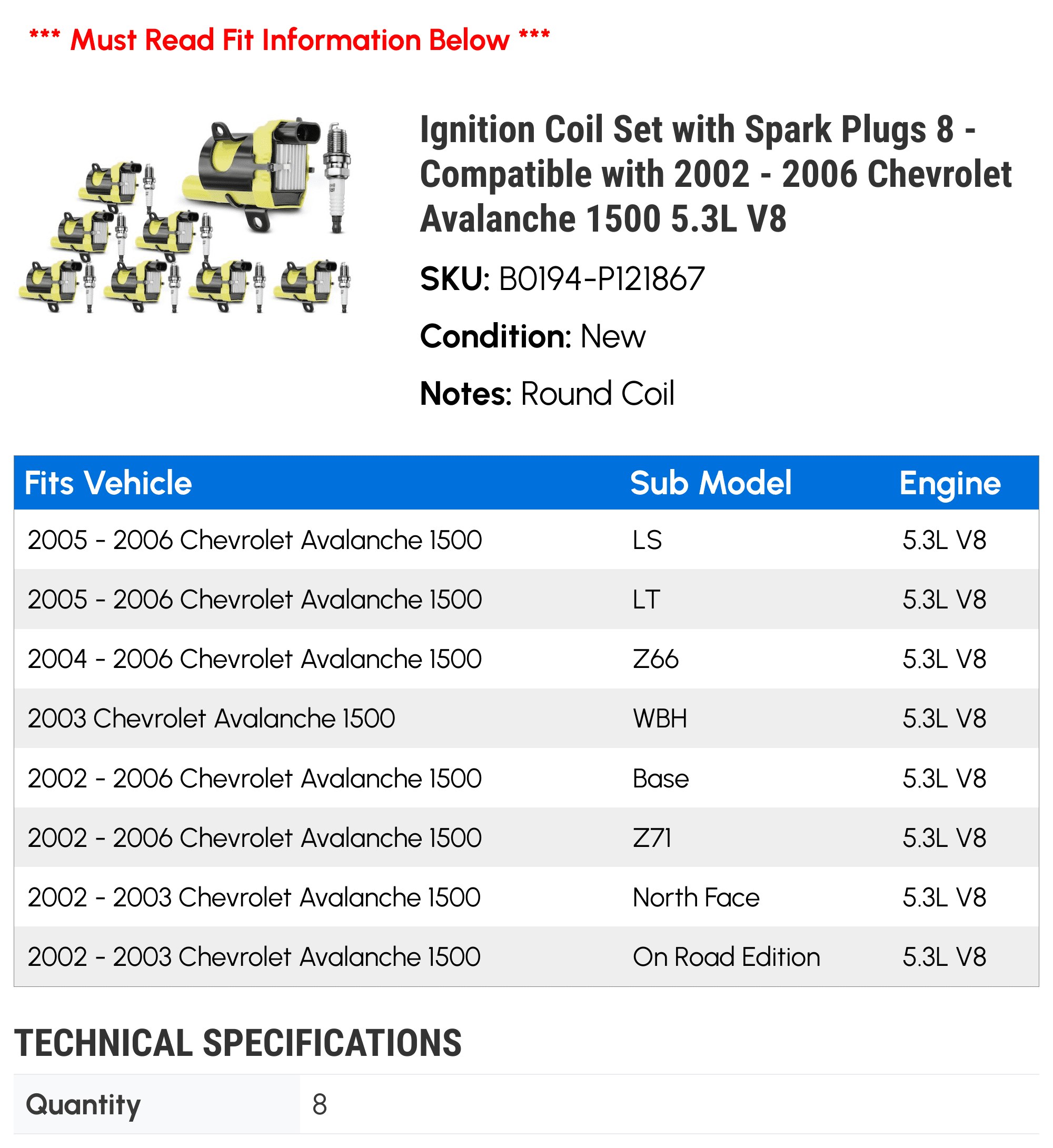 Ignition Coil Set with Spark Plugs 8 - Compatible with 2002 - 2006 Chevrolet Avalanche 1500 5.3L V8 - Autopart Premium