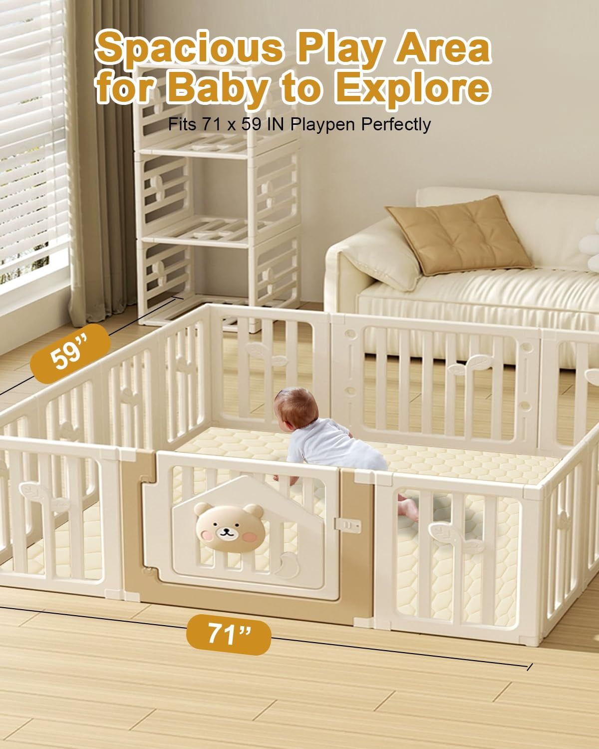 Premium Foam Baby Play Mat 71" x 59" with Removable Cover, Extra Thick Padding Playpen Mat, Non-Slip Floor Mat, Stylish & Easy to Clean for Crawling Baby, Infants & Toddlers, Beige