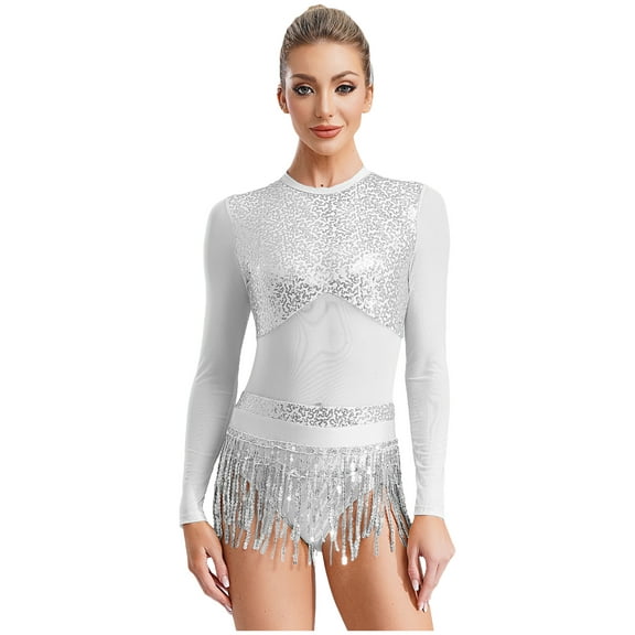 Xnihocha Women's Sequin Latin Dance Dress Tassel Jazz Dance Leotard Long Sleeve Ballroom Dancewear Silver 16