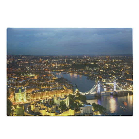 Modern Cutting Board, Sunset at London England Cityscape Night Time and Tower Bridge Landmark Urban, Decorative Tempered Glass Cutting and Serving Board, Large Size, Yellow Bluegrey, by Ambesonne