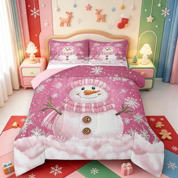 Manfei Xmas Holiday Season Full Size Comforter Sets,Cute Christmas Elf Bedding Comforter Set,Pink Reversible,3-Piece,1 Comforter and 2 Pillowcases