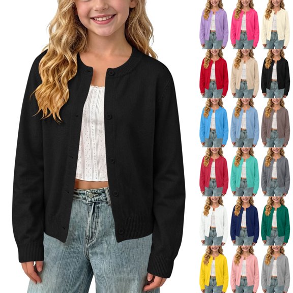LEKWK Girls Cardigan Toddler School Uniform Long Sleeve Button Down Sweater Knit Lightweight Cute Sweater Spring Fall Outwear Black Cardigan Size 6-7