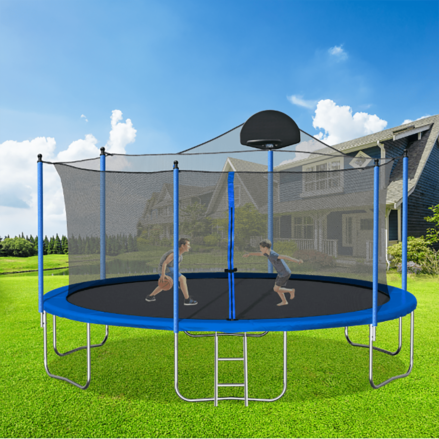 KEHOMY 14FT Trampoline for Adults & Kids with Basketball Hoop, Outdoor Trampolines w/Ladder and Safety Enclosure Net for Kids and Adults