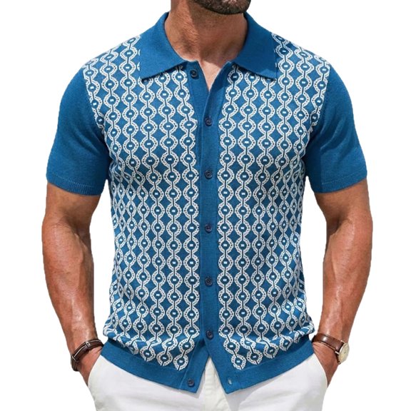 EANJE Men's Short Sleeve Knit Polo Cardigan, Geometric Pattern Button‑Down Lapel Collar Retro Casual Knitted Shirt for Daily Vacation Blue M