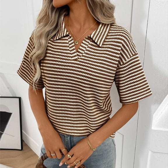 Summer Tops Plus Size Sawvnm Women‘s Casual Fashion Summer Stripe Turndown Collar Short Sleeve Blouses Shirts Top Tops for Women Coffee S