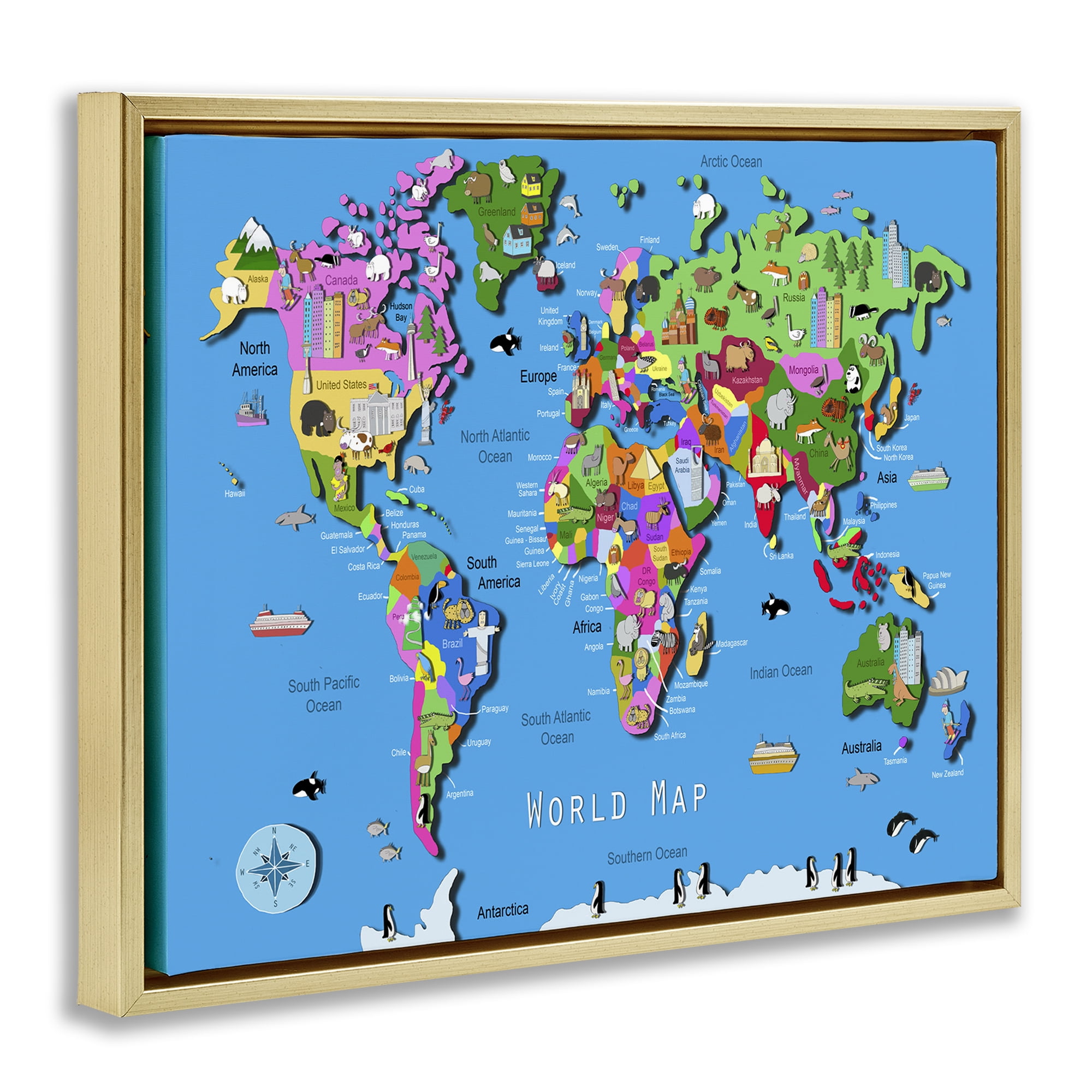 Stupell Industries Educational World Map Town & City Painting Gold Floater Framed Art Print Wall Art, 31 x 25