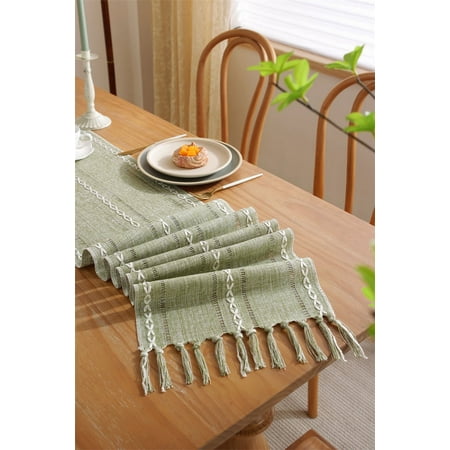 

Stripe Rustic Farmhouse Table Runners with Tassels Boho Cotton Linen Doilies Hollow Tablecloth Dresser Scarf for Table Holiday Party and Wedding Decorations