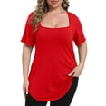 thumbnail image 3 of Gocolloa Womens Plus Size Tops Tunic Sexy Square Neck Short Sleeve Shirts Summer Loose Fit Dressy Casual Blouse Red 1X, 3 of 4