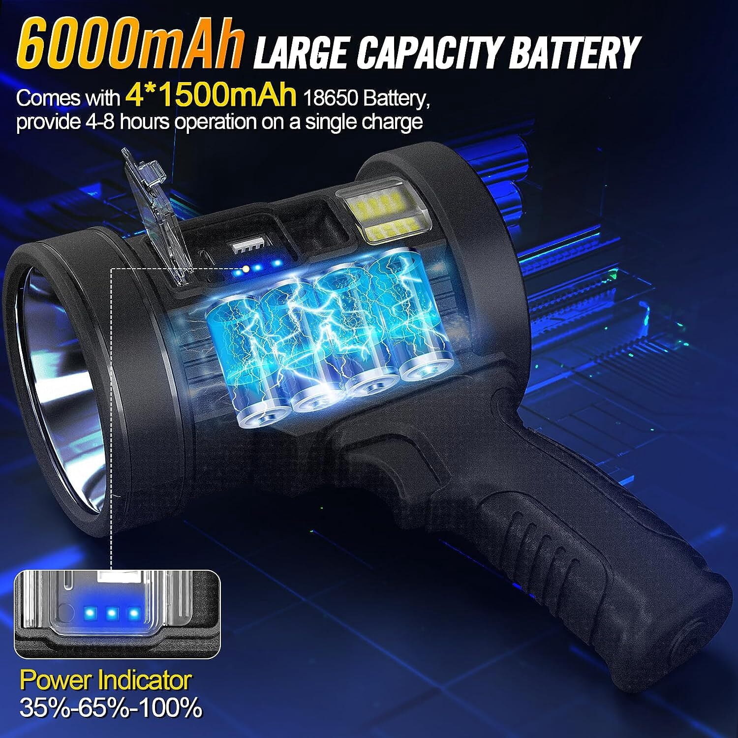 Rechargeable Handheld Spotlight, LED Handheld Flashlight with Solar Panel, Waterproof Spotlight for Camping