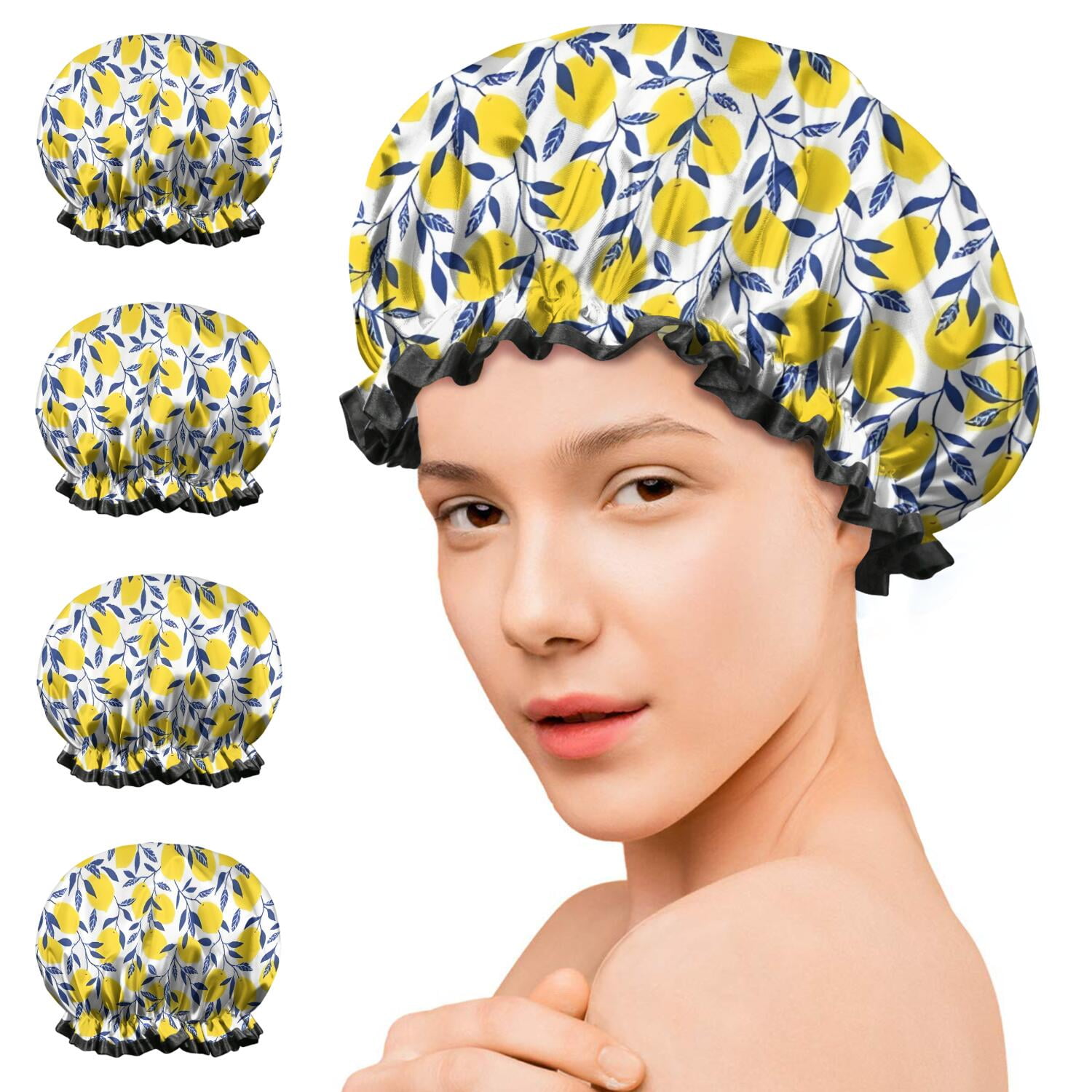 Shower Caps,Yellow Lemon Fruit Leaves White Pattern Waterproof Shower Cap for Women 4 Pieces,Double Reusable Hair Cover for Shower PEVA Elastic Stretch Hem