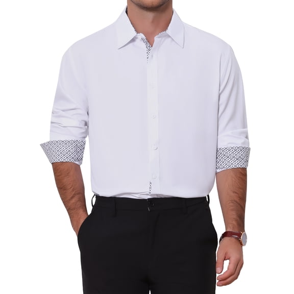 Men's Formal Shirts Plaid Collar Long Sleeve Button Down Dress Shirt M White