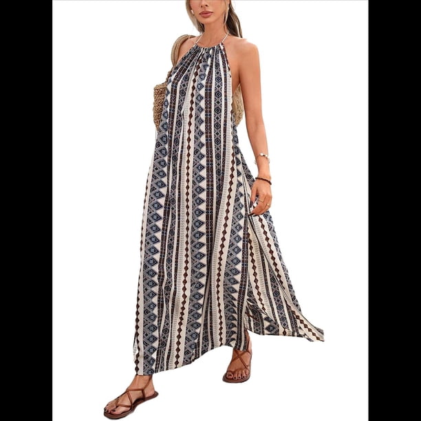 Vestido de Verano para Mujer, Informal, con Cuello Halter y Abertura Lateral, para Vacaciones y Resort. Negro S