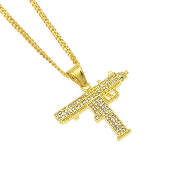 HipHop Men Womens Gold Color Diamond Charm Pendant Gold Cuban Chain