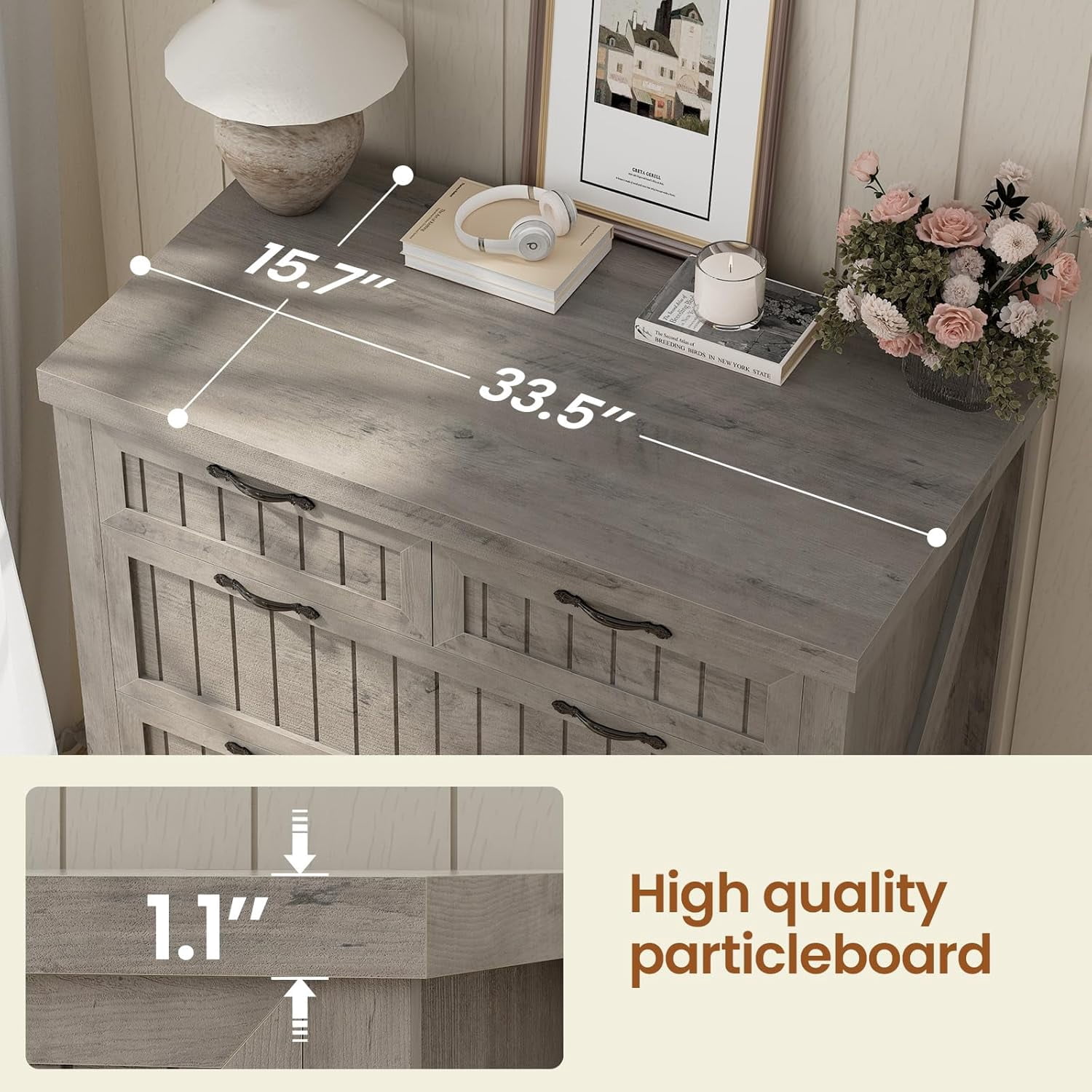 SEDETA File Cabinet with 5 Wood Drawers, Farmhouse Filing Cabinet for Home Office, Wood Office File Cabinets for Letter/Legal/A4 Size, Lateral File Cabinets with Printer Stand, Grey