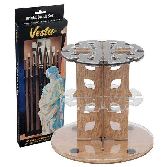 Mezzo Rotating Paint Brush Storage Rack with Vesta Synthetic Artist Paint Brushes for Acrylic Painting - Bright Acrylic Paint Brush Set of 7 - with Brush Drying Carousel - Holds Up to 28 Brushes