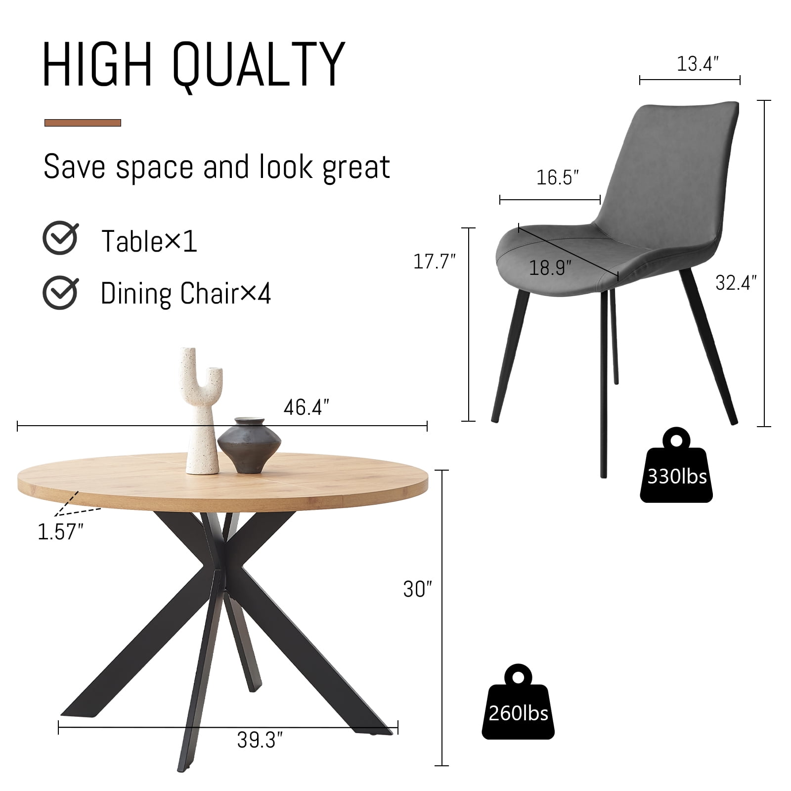 46.4" Round Dining Table Set, Mid Century Modern Round Dining Table for 4-6 Person, Steel Legs, Leisure Coffee Table for Kitchen Dining Room, Save Space