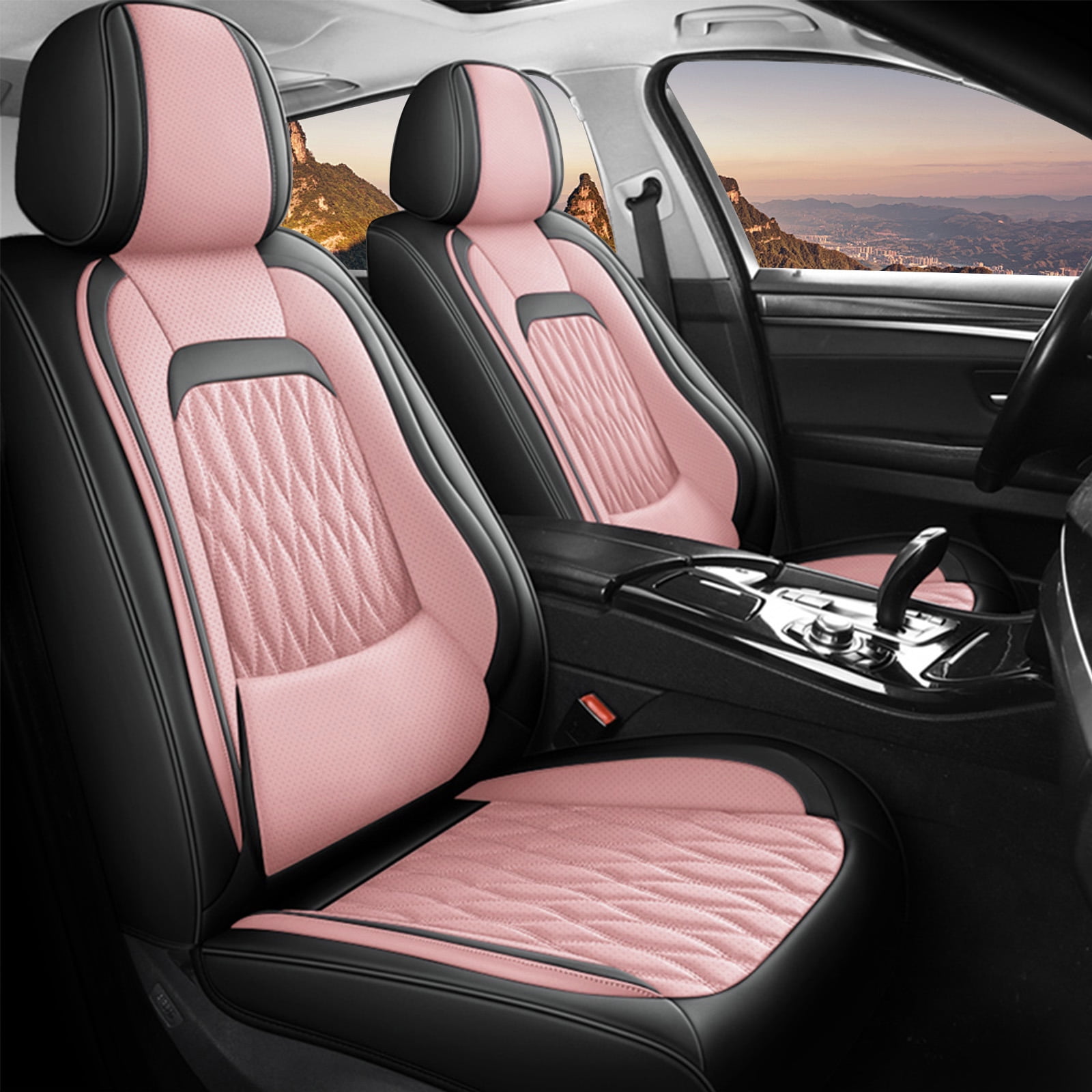 OTOEZ Universal Pink Car Seat Cover Nappa Leather 5-Seat Full Set Waterproof Front & Rear Cushion Protector Fit Most Honda Toyota Chevy Ford Nissan SUV