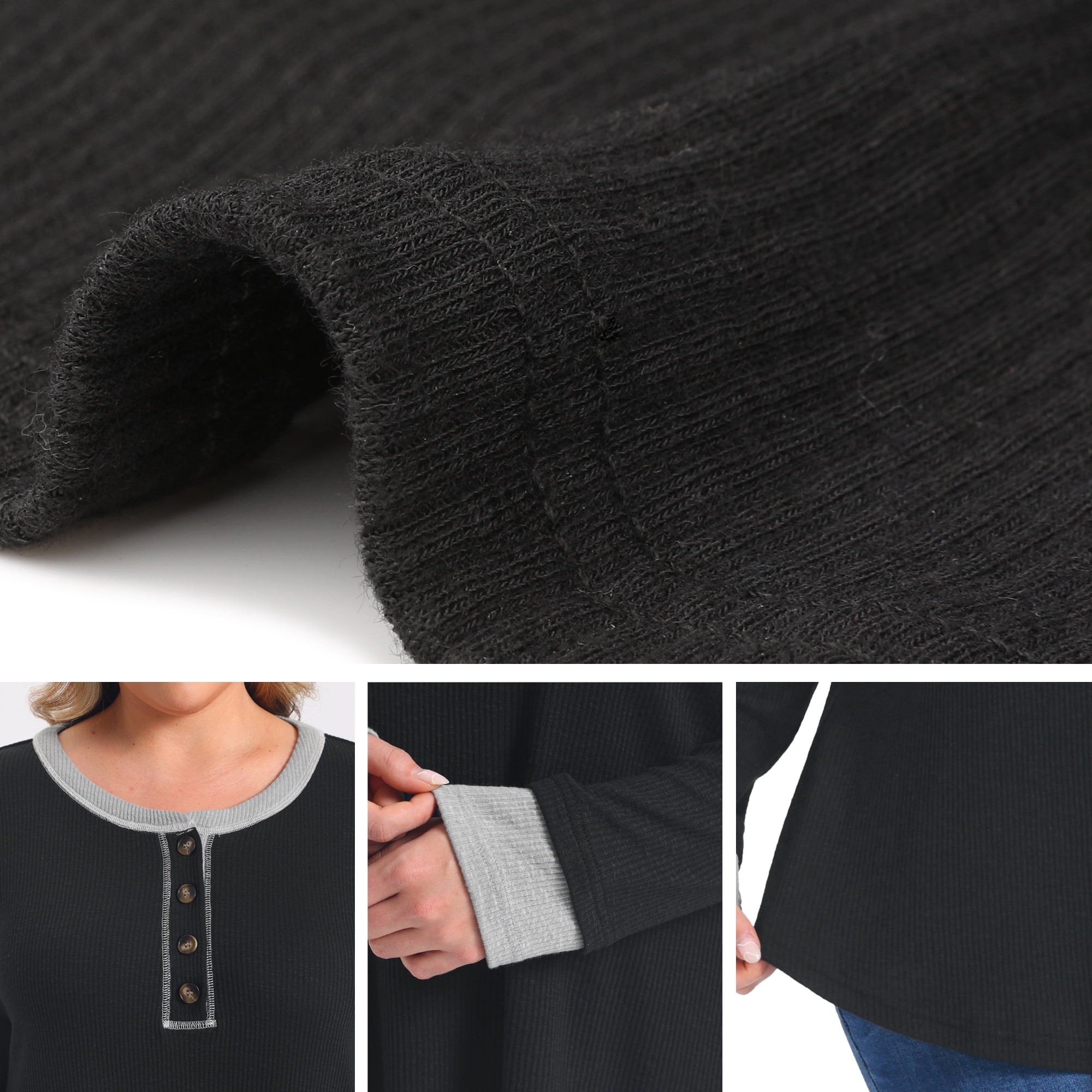 DARING DIVA Women's Plus Ribbed Knit Contrast Color Button Crew 1X Black