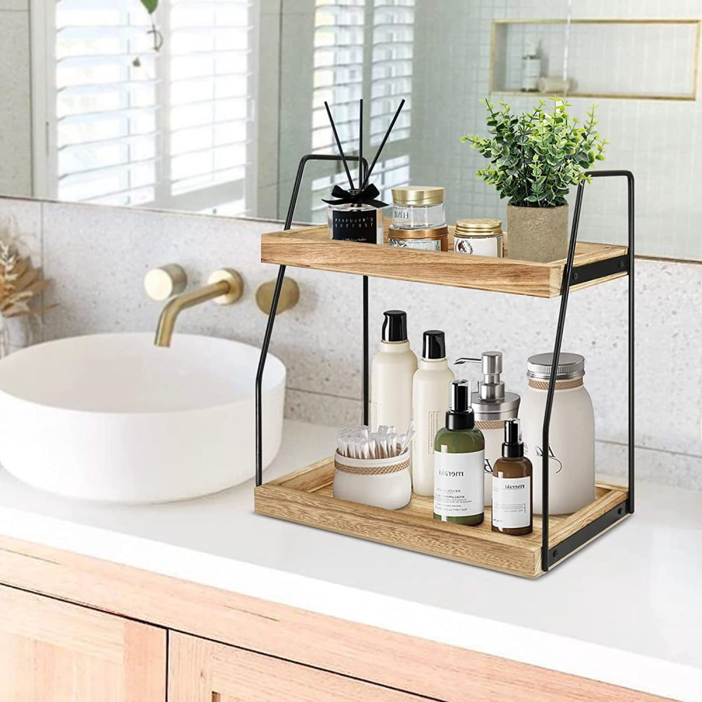 MIDOQIN Bathroom Organizer Countertop, 2-Tier Wood Bathroom Counter Organizers for Bathroom, Cosmetic Storage Standing Vanity