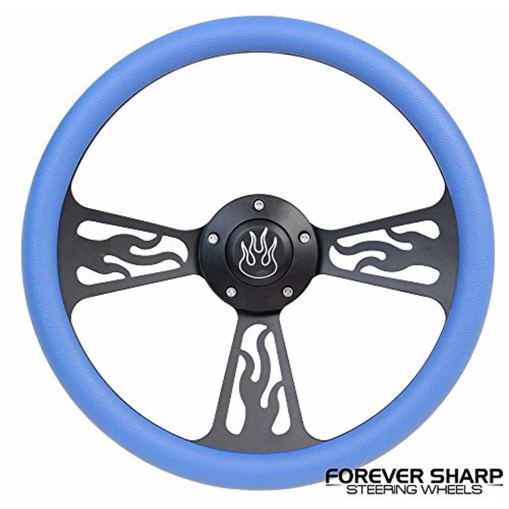Black Flame Sky Blue Boat Steering Wheel W/ 3/4 Tapered Key Way Adapter