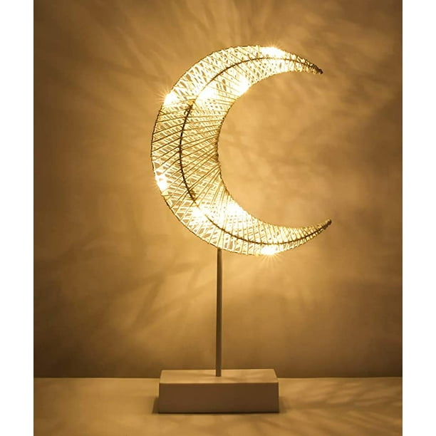 Lámpara de mesa decorativa, lámpara de noche LED con forma de luna que funciona con pilas, luz blanca cálida, decoración navideña, mesa, dormitorio de Ramadán - blanco