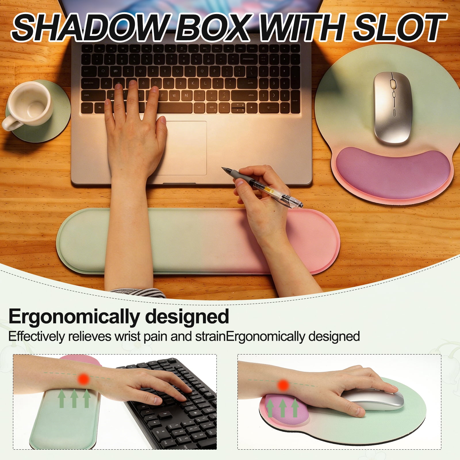Ergonomic Wrist Rest Set, Memory Foam Mouse Pad and Keyboard Wrist Rest Support Hand Waterproof Cup Pad Non-slip for Office Computer Gaming Home Desk Accessory, Purple Pink
