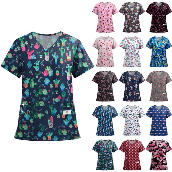 Garbnen Animal Print Scrub Tops Women Stretchy Plus Size Stretch V Neck Short Sleeve Woman's Shirts Xmas Valentine's Day Holiday Prints Nurses Working Uniforms