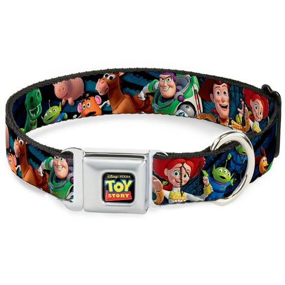 Disney Pet Collar, Dog Collar Metal Seatbelt Buckle, Toy Story Characters Running Denim Rays, 9.5 to 13 Inches 1.0 Inch Wide