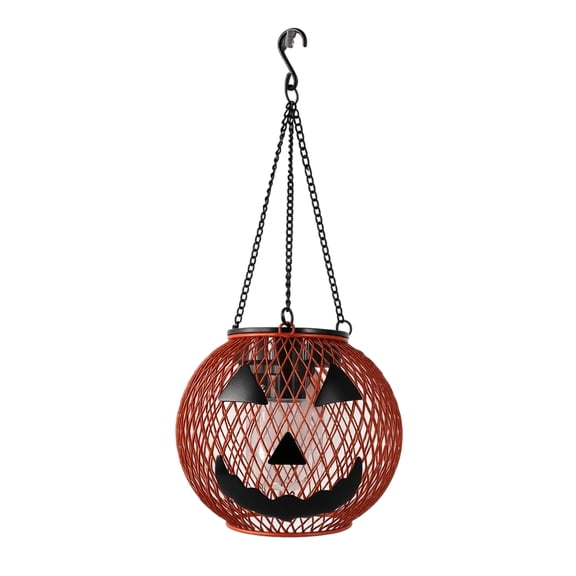 Halloween Solar Lantern, Metal Jack O Lantern Hanging Light, 1 Pack Pumpkin Shaped Waterproof Outdoor Decor, for Garden Yard Patio Porch Halloween Festival Ambient Illumination and Holiday Decoration