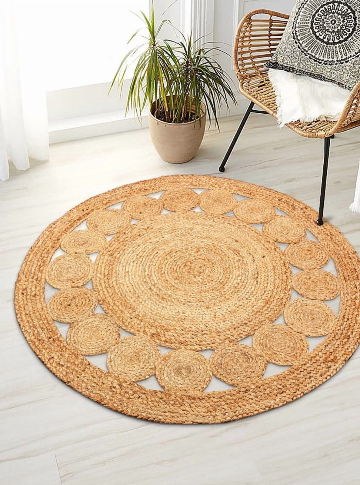 Boho Farmhouse Jute Circle Rug, Reversible Rustic Coastal Area Mat Natural Jute_6A, 2 FT