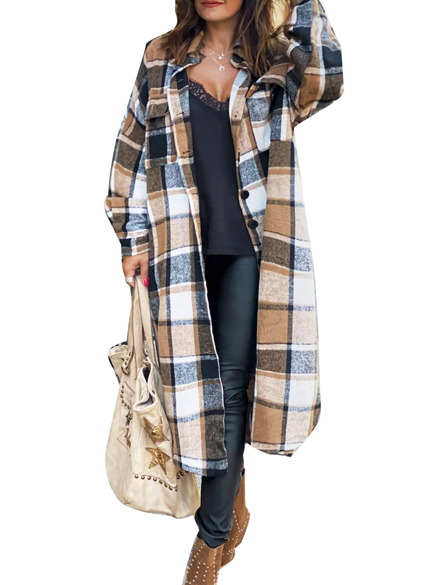 Long Plaid Cardigan for Women Long Sleeve Lapel Button Down Plaid Trench Coat Shirt Fall Winter Jackets 