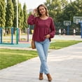 thumbnail image 5 of Women's Solid Color Round Neck Lace Patchwork Blouse, Long Sleeve Hollow Out Casual Shirt, Loose Fit Eyelet Top for Daily Office Holiday Wear 05-Wine L, 5 of 5