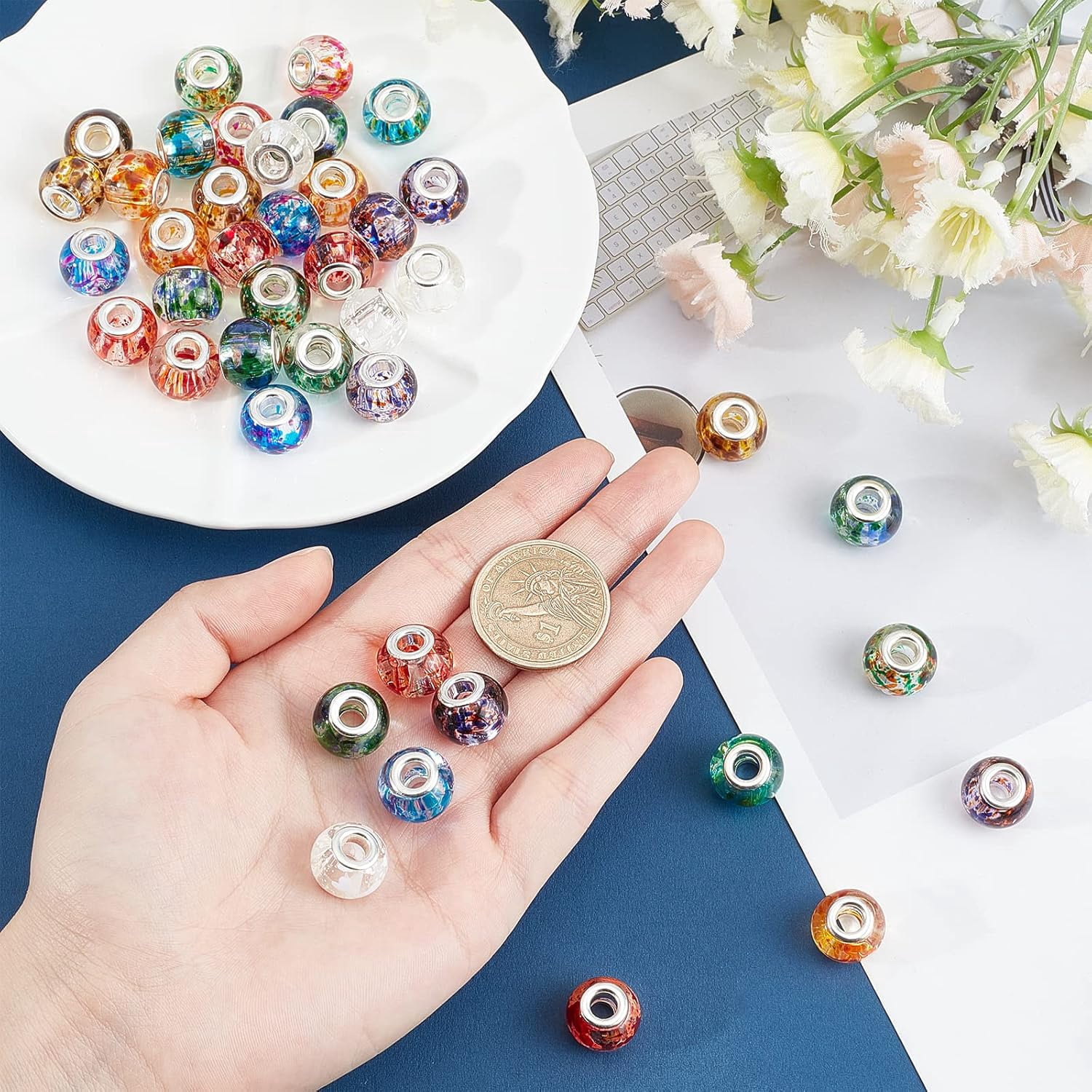 1box Spray Painted Glass European Beads with Silver Brass Cores Large Hole Beads Rondelle Mixed color 15x12mm Hole: 5mm about 100pcs/box