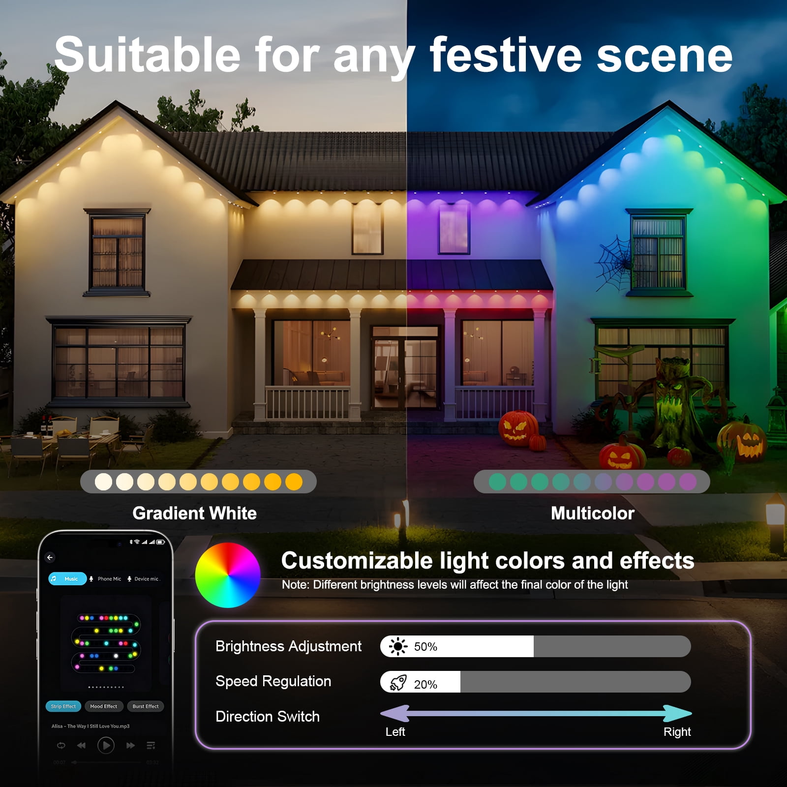 50ft RGB+IC Permanent Outdoor Eave Lights 16 Million Colors Music Sync IP67 Waterproof App Control Holiday Lighting