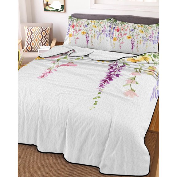 Full Quilt Bedding Set Spring Colorful Flower Leaves on White Summer Quilt Lightweight Quilted Coverlet with 2 Pillow Shams, Watercolor Floral Plant 3-Piece Bedspread Quilt Set for All Season