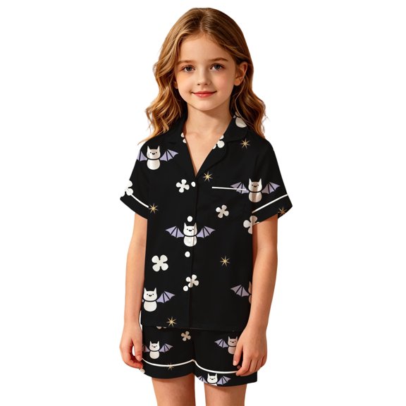 JIAYUE Girls Pajamas Halloween Graphic Short Sleeve Notched Collar Button Top And Shorts Two Piece Sleepwear Set for Casual Bedtime,2-3 Years