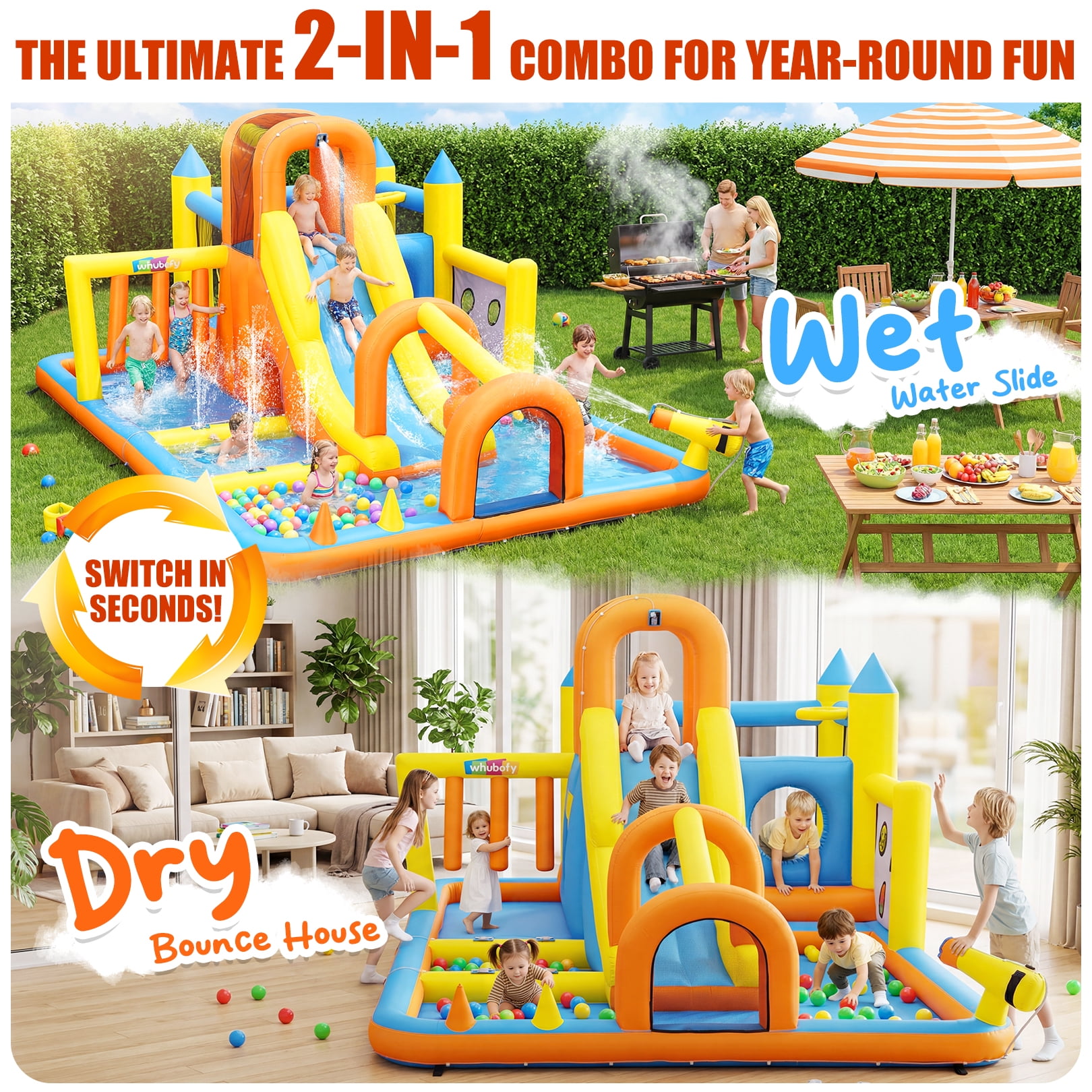 Veeboto Bounce House with 550W Blower, Inflatable Water Slide with Bounce Area, Slide, Pool, Basketball Hoop, Obstacle Poles, Ball Net, Water Cannon, Indoor & Outdoor Bounce Castle for Ages 3-12