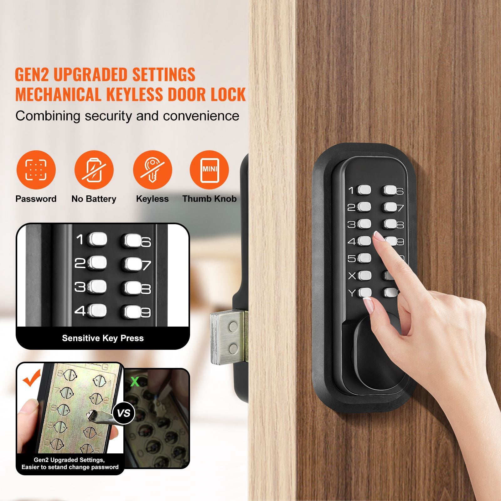 Mechanical Keyless Door Lock, Gen2 with Adjustable Handles, Surface Mount 1.4-2.5 Inch Door Compatibility, Zinc Alloy, No Batteries for Gate Garden Garage