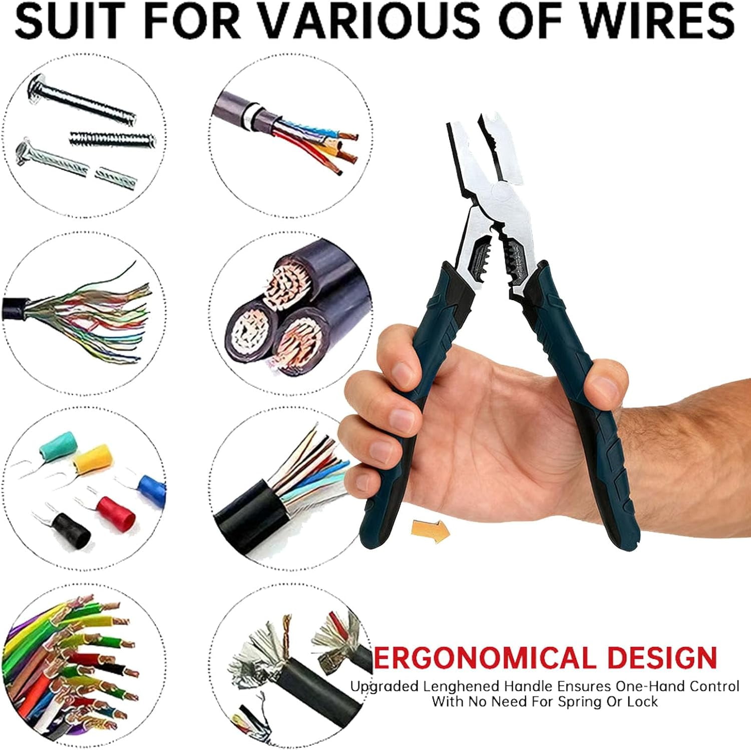 Industrial-Grade Multi-function Cutting Pliers, 9-in-1 Multi-Functional Pliers Nail Puller/Wire Cutter/Stripper/Crimper—Compound Action Leverage, Chromium Vanadium Plier Tool for DIY & Home