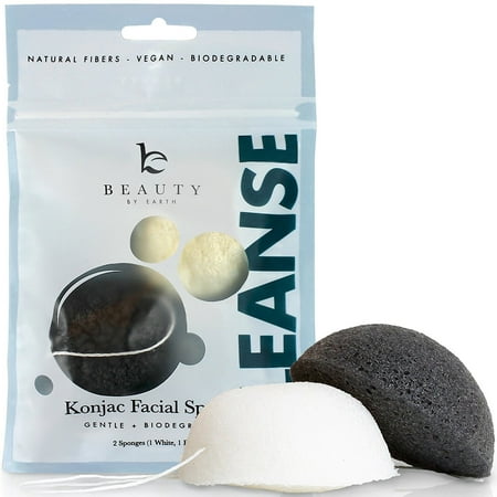 Beauty by Earth Konjac Facial Sponge; 2 Pack Set; Natural Bamboo Charcoal for Cleansing Sensitive to Oily & Acne Prone Skin; Gentle Deep Pore Face Exfoliating Scrub Cleanser for Men and