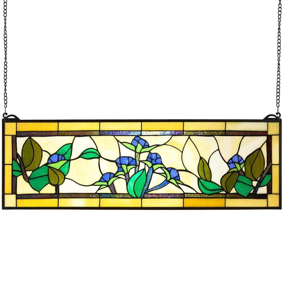 Vintage Tiffany Style Stained Glass Window Panel 35.2 x 13.1 Inch Large Horizontal Rectangle Transom with Chain Handcrafted Kitchen Home Decor