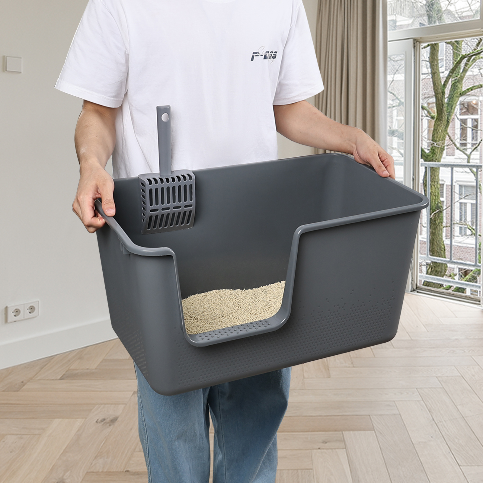 Ortodayes 2 Pack Large High Side Cat Litter Box, Grey Low Entry Cat Litter Tray