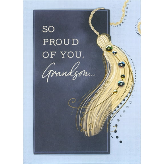 Designer Greetings So Proud of You: 3D Blue Banner and Yellow Tassel with Sequins Hand Decorated Graduation Congratulations Card for Grandson